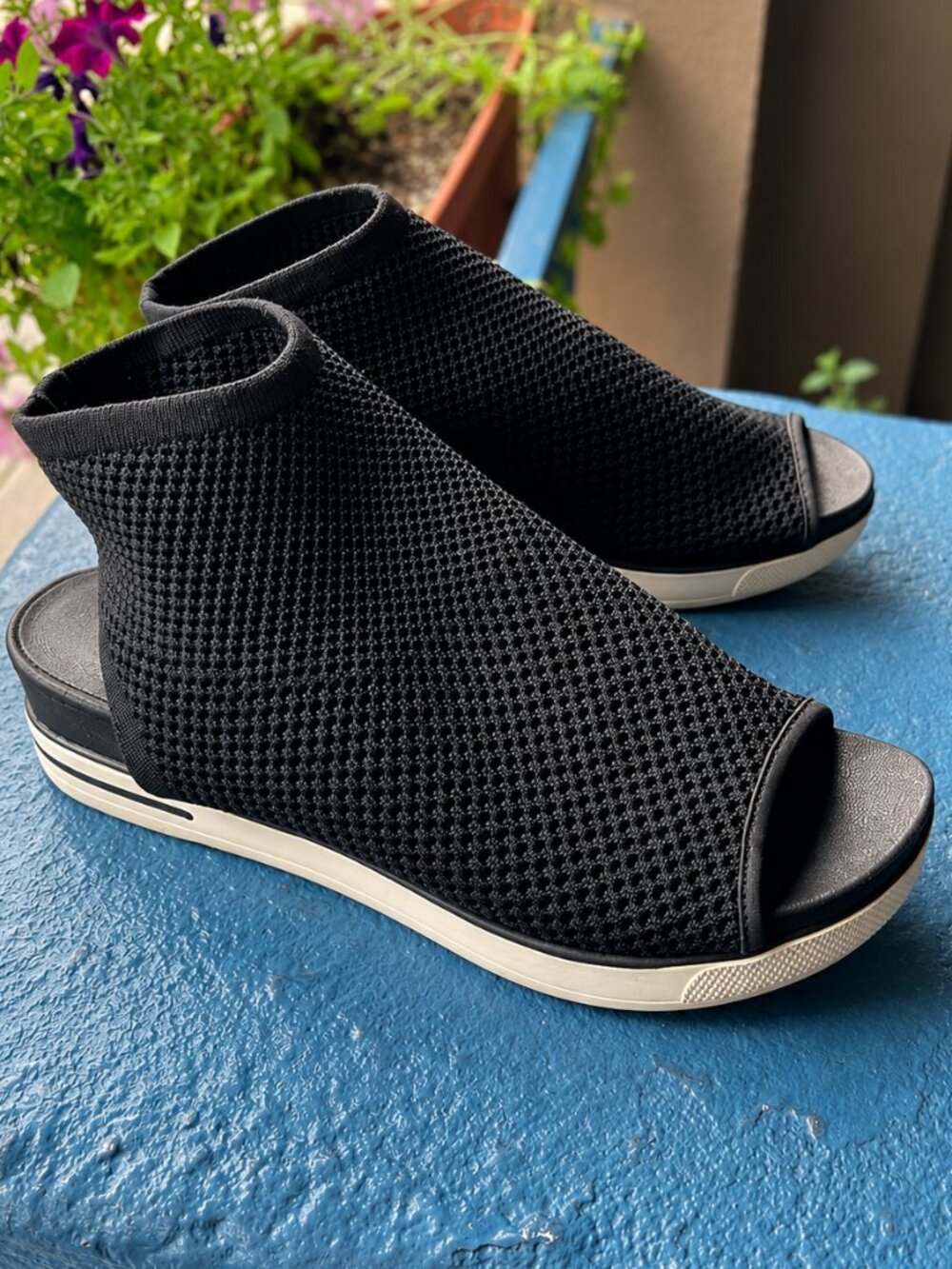 Eileen Fisher Snug Black Stretch Knit Wedge Sandal Peep Toe Cutout 8